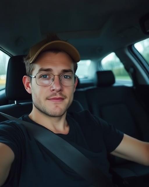Dim, low-effort car selfie